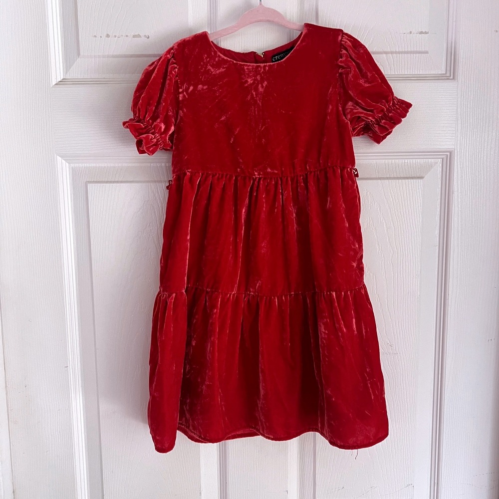 Crewcuts Velvet Dress 5 Girls Tiered Puff Sleeve Red Holiday Party dark Cool Red